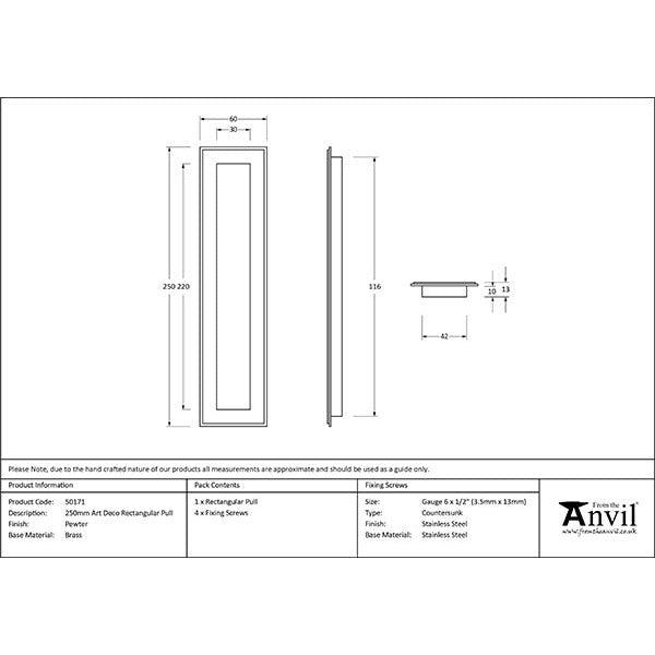 From The Anvil - 250mm Art Deco Rectangular Pull - Pewter Patina - 50171 - Choice Handles