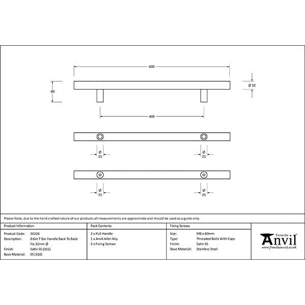 From The Anvil - 0.6m T Bar Handle B2B Fix 32mm Diameter - Satin Marine SS (316) - 50226 - Choice Handles