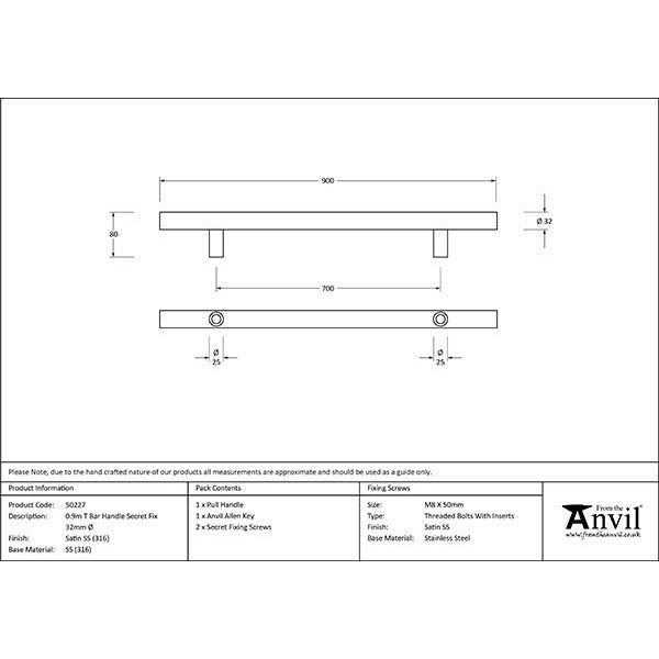From The Anvil - 0.9m T Bar Handle Secret Fix 32mm Diameter - Satin Marine SS (316) - 50227 - Choice Handles
