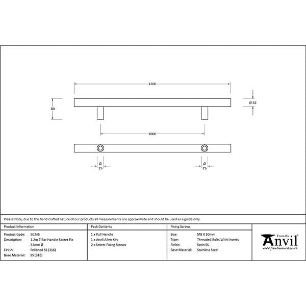 From The Anvil - 1.2m T Bar Handle Secret Fix 32mm Diameter - Polished Marine SS (316) - 50245 - Choice Handles