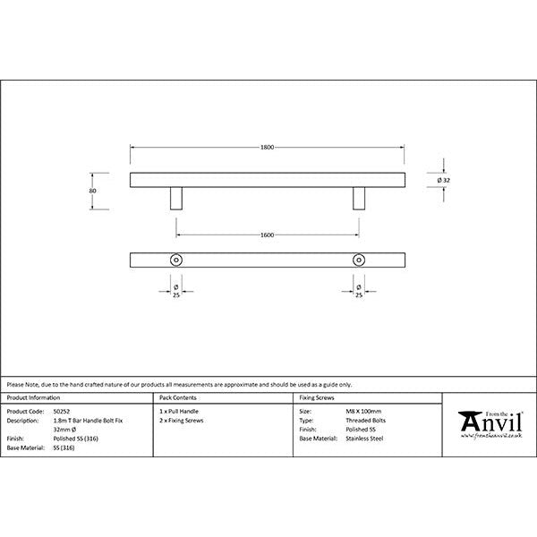 From The Anvil - 1.8m T Bar Handle Bolt Fix 32mm Diameter - Polished Marine SS (316) - 50252 - Choice Handles