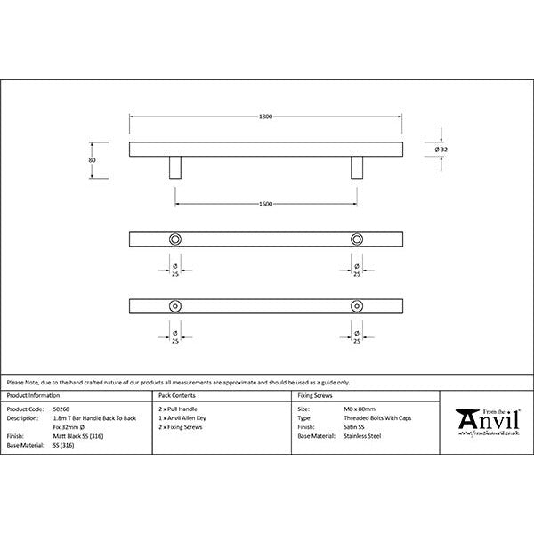 From The Anvil - 1.8m T Bar Handle B2B Fix 32mm Diameter - Matt Black - 50268 - Choice Handles