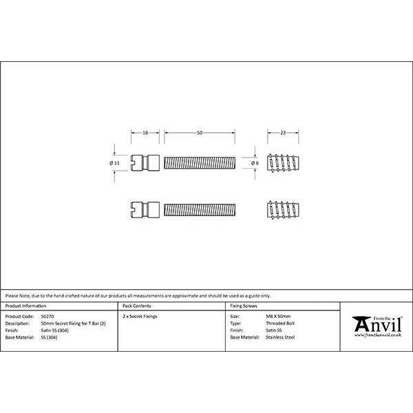 From The Anvil - 50mm Secret Fixings for T Bar (2) - Satin Stainless Steel - 50270 - Choice Handles
