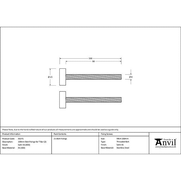 From The Anvil - 100mm Bolt Fixings for T Bar (2) - Satin Stainless Steel - 50271 - Choice Handles