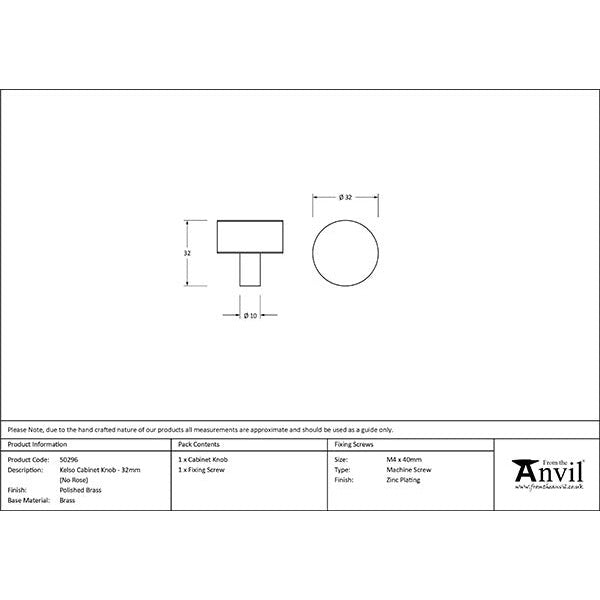 From The Anvil - Kelso Cabinet Knob - 32mm (No Rose) - Polished Brass - 50296 - Choice Handles