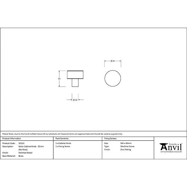 From The Anvil - Kelso Cabinet Knob - 25mm (No Rose) - Polished Nickel - 50314 - Choice Handles