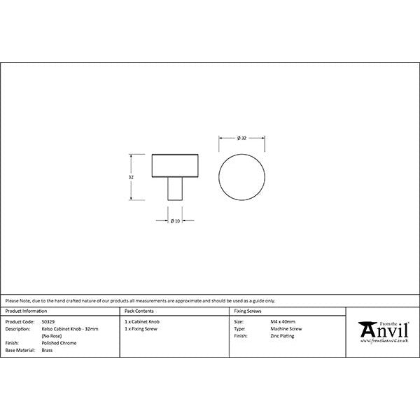 From The Anvil - Kelso Cabinet Knob - 32mm (No rose) - Polished Chrome - 50329 - Choice Handles
