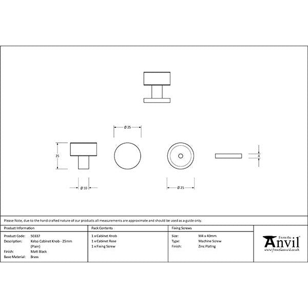 From The Anvil - Kelso Cabinet Knob - 25mm (Plain) - Matt Black - 50337 - Choice Handles
