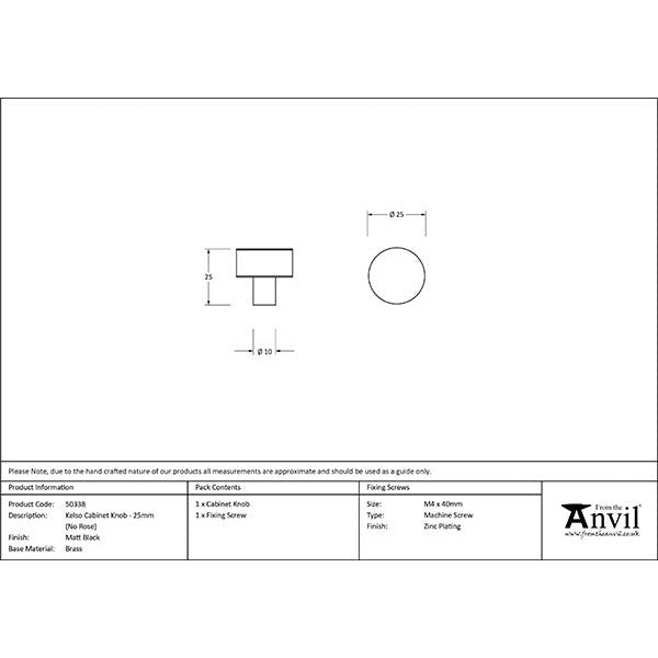 From The Anvil - Kelso Cabinet Knob - 25mm (No rose) - Matt Black - 50338 - Choice Handles