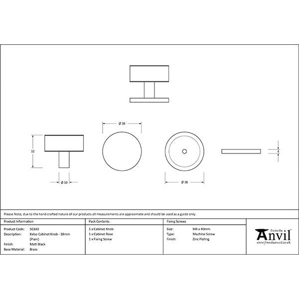 From The Anvil - Kelso Cabinet Knob - 38mm (Plain) - Matt Black - 50343 - Choice Handles