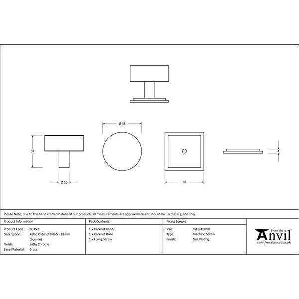 From The Anvil - Kelso Cabinet Knob - 38mm (Square) - Satin Chrome - 50357 - Choice Handles
