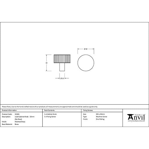 From The Anvil - Judd Cabinet Knob - 32mm (No Rose) - Polished Brass - 50365 - Choice Handles