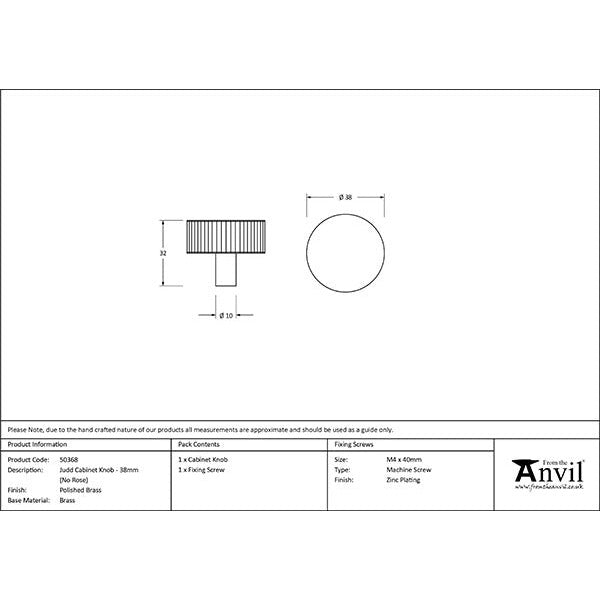 From The Anvil - Judd Cabinet Knob - 38mm (No Rose) - Polished Brass - 50368 - Choice Handles