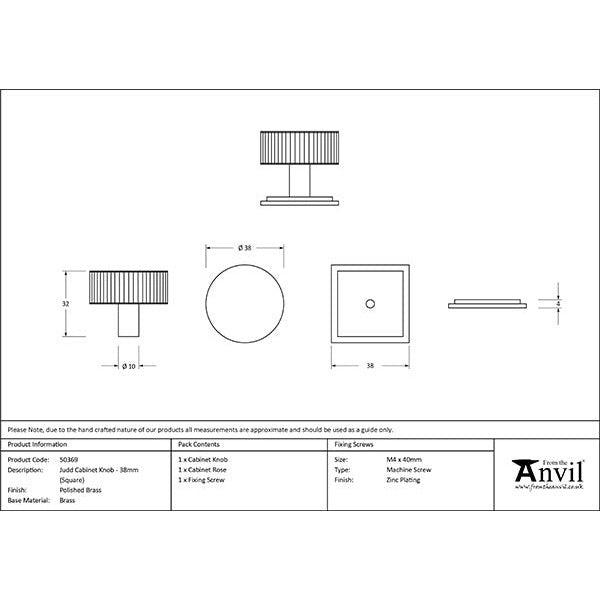 From The Anvil - Judd Cabinet Knob - 38mm (Square) - Polished Brass - 50369 - Choice Handles