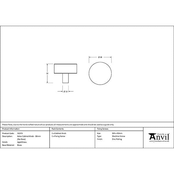 From The Anvil - Kelso Cabinet Knob - 38mm (No rose) - Aged Brass - 50374 - Choice Handles