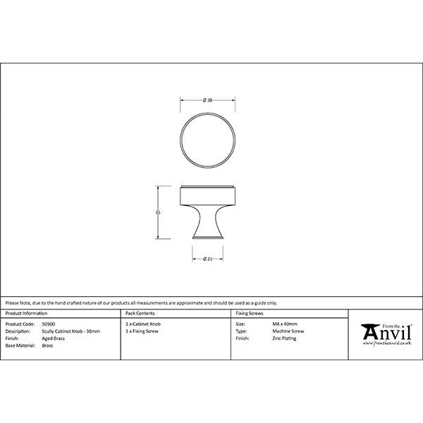 From The Anvil - Scully Cabinet Knob - 38mm - Aged Brass - 50500 - Choice Handles