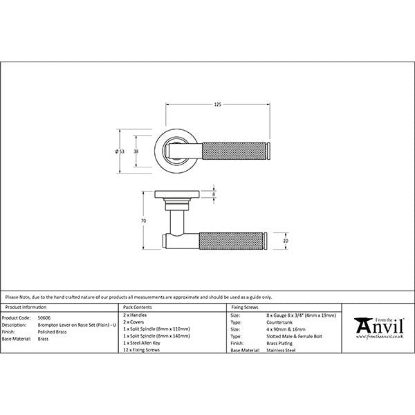 From The Anvil - Brompton Lever on Rose Set (Plain) - Unsprung - Polished Brass - 50606 - Choice Handles
