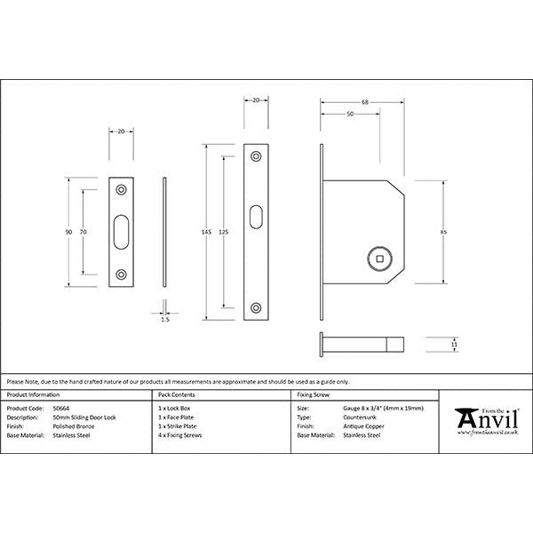 From The Anvil - 50mm Sliding Door Lock - Polished Bronze - 50664 - Choice Handles