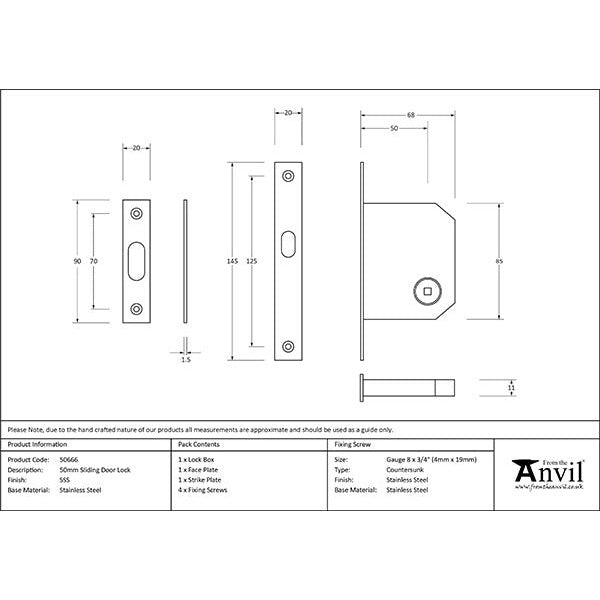 From The Anvil - 50mm Sliding Door Lock - Satin Stainless Steel - 50666 - Choice Handles