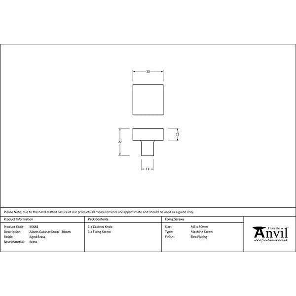 From The Anvil - Albers Cabinet Knob - 30mm - Aged Brass - 50681 - Choice Handles