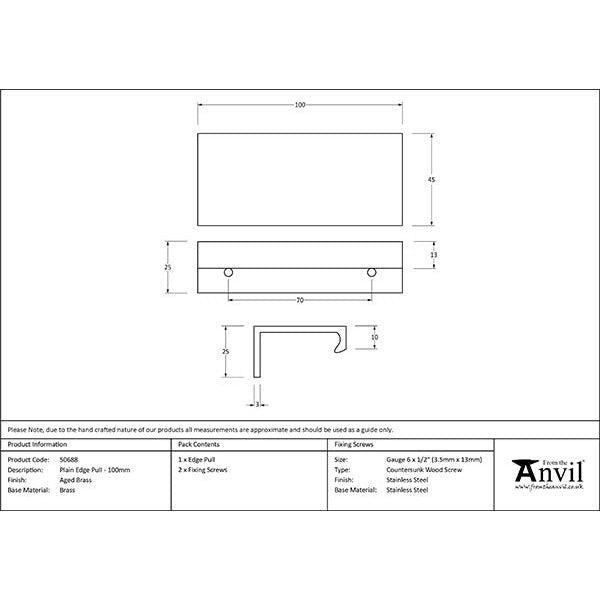 From The Anvil - 100mm Plain Edge Pull - Aged Brass - 50688 - Choice Handles