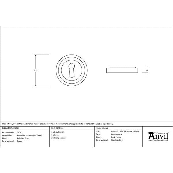 From The Anvil - Round Escutcheon (Art Deco) - Polished Brass - 50747 - Choice Handles