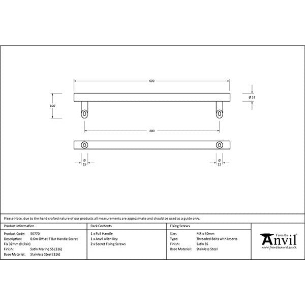 From The Anvil - 0.6m Offset T Bar Handle Secret Fix 32mm Diameter - Satin Marine SS (316) - 50770 - Choice Handles