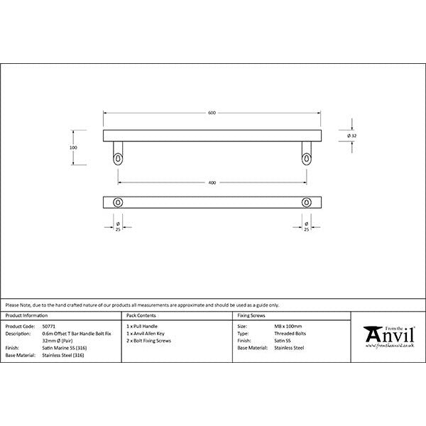 From The Anvil - 0.6m Offset T Bar Handle Bolt Fix 32mm Diameter - Satin Marine SS (316) - 50771 - Choice Handles