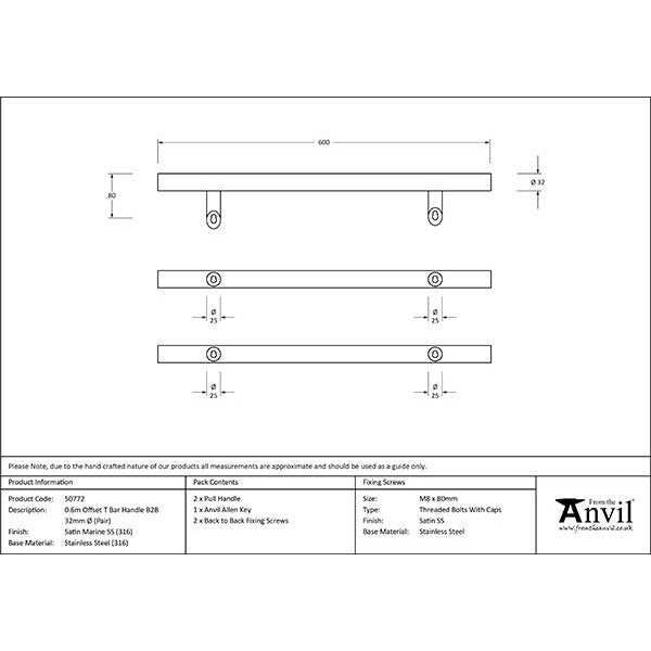 From The Anvil - 0.6m Offset T Bar Handle B2B 32mm Diameter - Satin Marine SS (316) - 50772 - Choice Handles