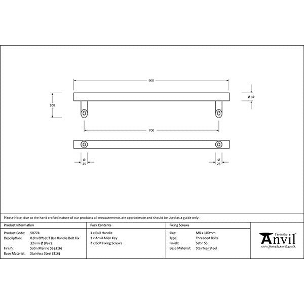 From The Anvil - 0.9m Offset T Bar Handle Bolt Fix 32mm Diameter - Satin Marine SS (316) - 50774 - Choice Handles