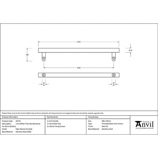 From The Anvil - 1.2m Offset T Bar Handle Secret Fix 32mm Diameter - Satin Marine SS (316) - 50776 - Choice Handles