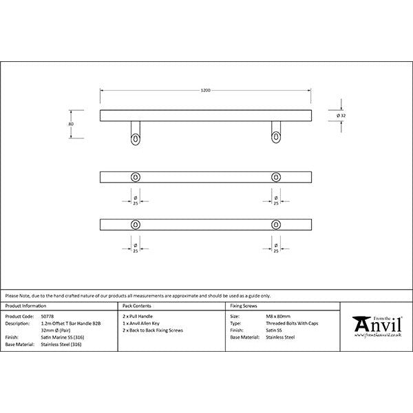From The Anvil - 1.2m Offset T Bar Handle B2B 32mm Diameter - Satin Marine SS (316) - 50778 - Choice Handles