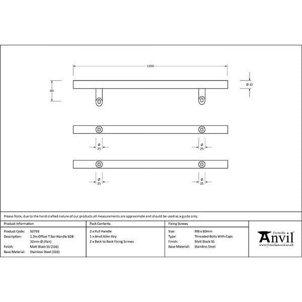 From The Anvil - 1.2m Offset T Bar Handle B2B 32mm Diameter - Matt Black - 50793 - Choice Handles