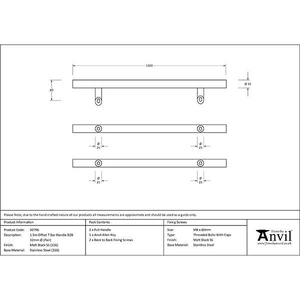 From The Anvil - 1.5m Offset T Bar Handle B2B 32mm Diameter - Matt Black - 50796 - Choice Handles