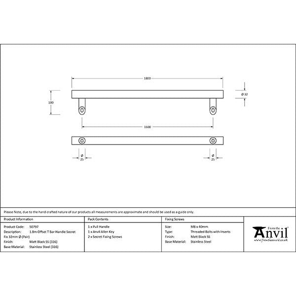 From The Anvil - 1.8m Offset T Bar Handle Secret Fix 32mm Diameter - Matt Black - 50797 - Choice Handles