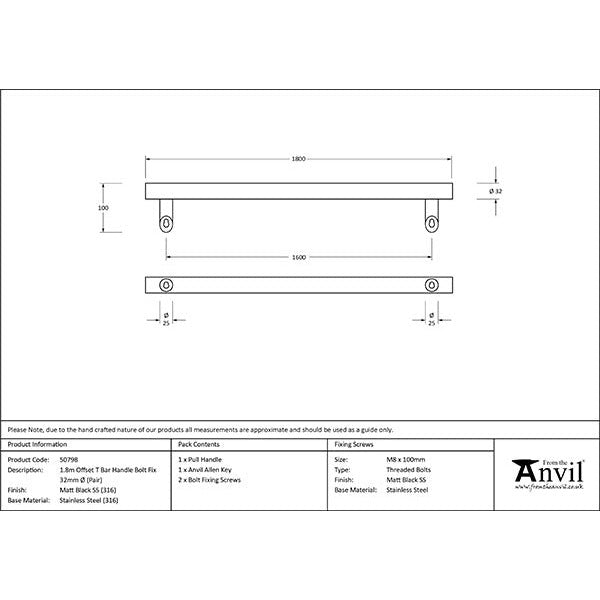 From The Anvil - 1.8m Offset T Bar Handle Bolt Fix 32mmDiameter - Matt Black - 50798 - Choice Handles
