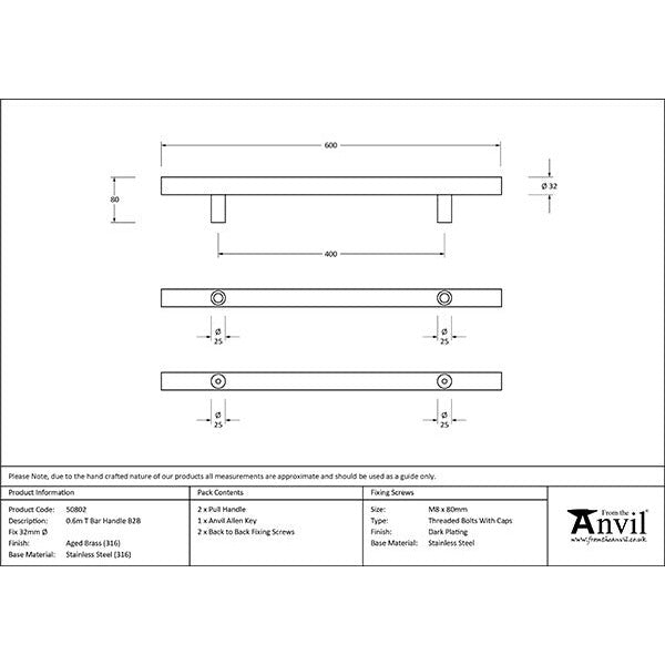 From The Anvil - 0.6m T Bar Handle B2B 32mm Diameter - Aged Brass - 50802 - Choice Handles