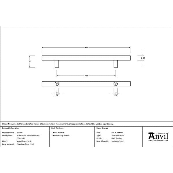 From The Anvil - 0.9m T Bar Handle Bolt Fix 32mm Diameter - Aged Brass - 50804 - Choice Handles