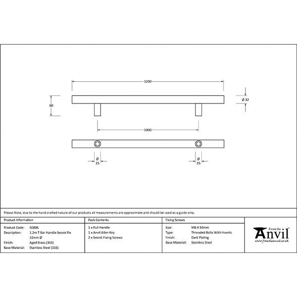 From The Anvil - 1.2m T Bar Handle Secret Fix 32mm Diameter - Aged Brass - 50806 - Choice Handles