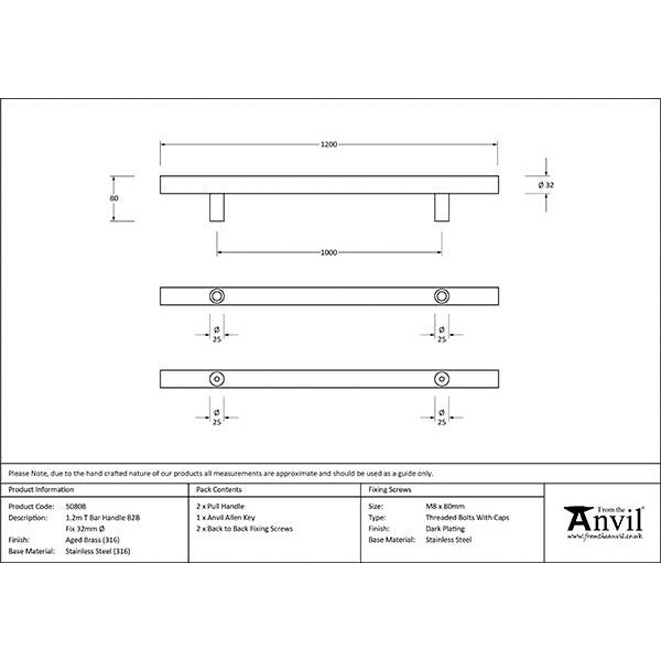 From The Anvil - 1.2m T Bar Handle B2B 32mm Diameter - Aged Brass - 50808 - Choice Handles