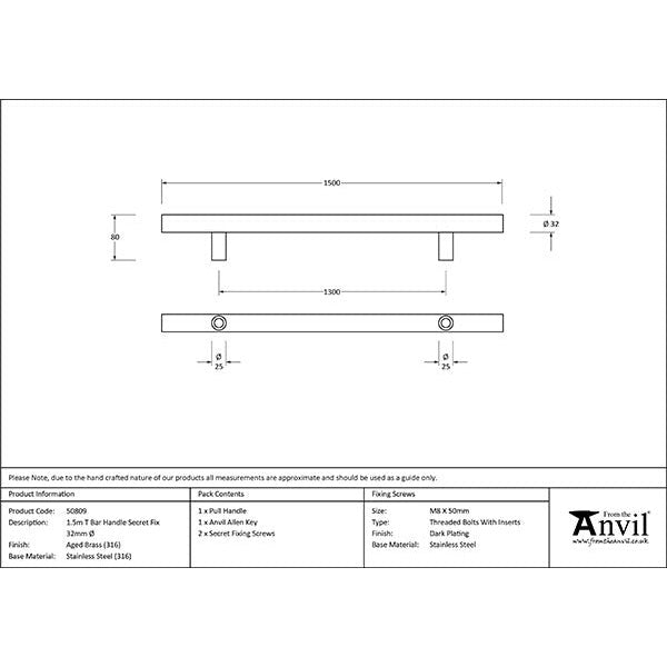From The Anvil - 1.5m T Bar Handle Secret Fix 32mm Diameter - Aged Brass - 50809 - Choice Handles