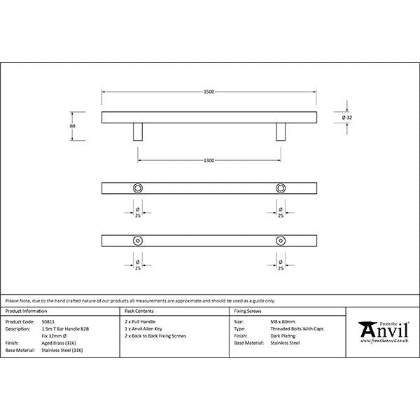 From The Anvil - 1.5m T Bar Handle B2B 32mm Diameter - Aged Brass - 50811 - Choice Handles