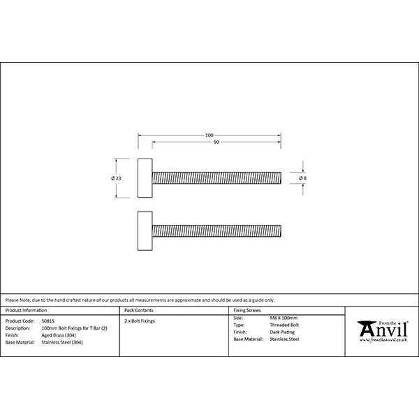 From The Anvil - 100mm Bolt Fixings for T Bar (2) - Aged Brass - 50815 - Choice Handles