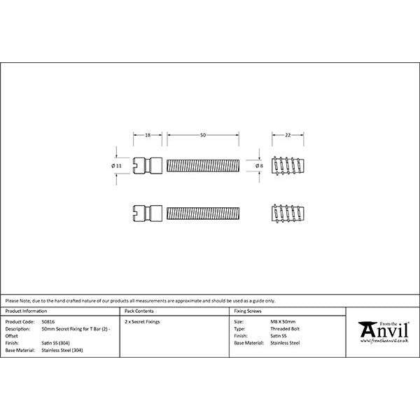 From The Anvil - 50mm Secret Fixings for T Bar (2) - Offset - Satin Stainless Steel - 50816 - Choice Handles