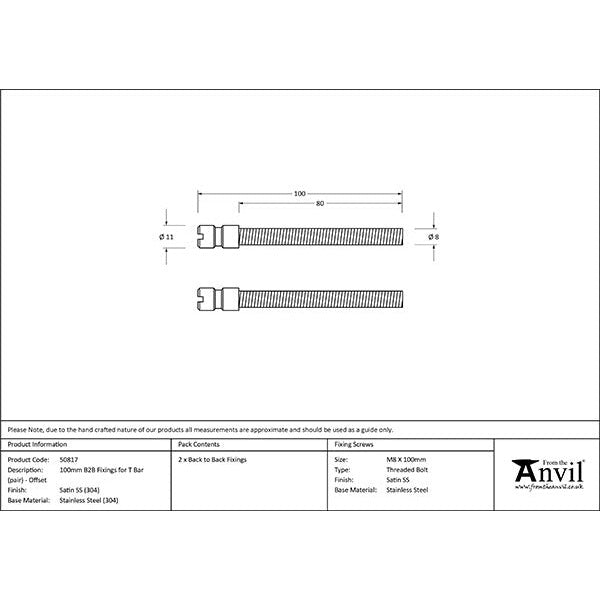 From The Anvil - 100mm Back to Back Fixings for T Bar (2) - Offset - Satin Stainless Steel - 50817 - Choice Handles