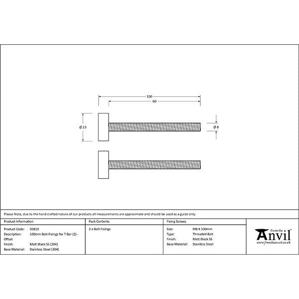 From The Anvil - 100mm Bolt Fixings for T Bar (2) - Offset - Matt Black - 50819 - Choice Handles