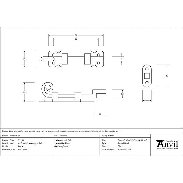 From The Anvil - 4" Cranked Monkeytail Bolt - Black - 73130 - Choice Handles