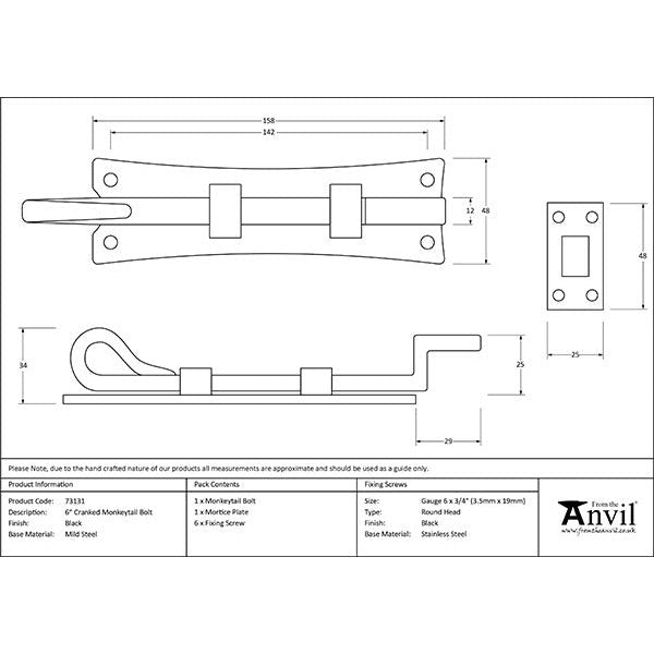 From The Anvil - 6" Cranked Monkeytail Bolt - Black - 73131 - Choice Handles