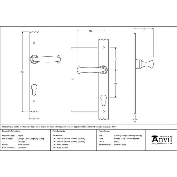 From The Anvil - Cottage Lever Espag. Lock Set - Black - 73143 - Choice Handles