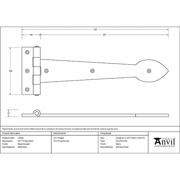 From The Anvil - Smooth 12" Cast T Hinge (pair) - Black - 73226 - Choice Handles